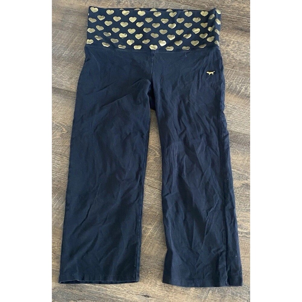 Victoria’s Secret Pink Hearts GoldPrint M Foldover Yoga Leggings Capri Bling